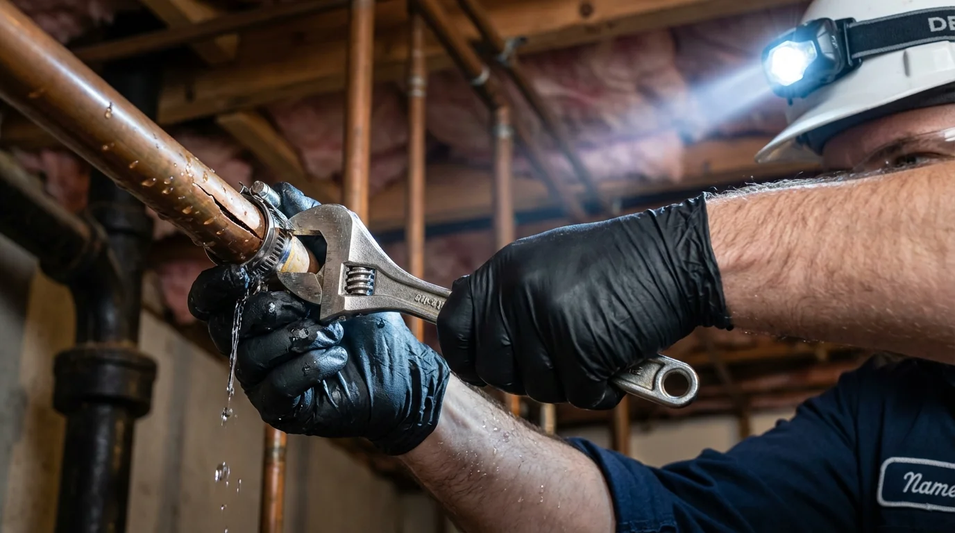 Emergency pipe clamp repair being performed by a Johns Plumbing LLC plumber in Savannah