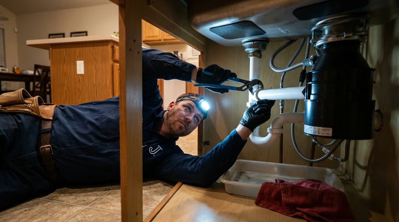 P-trap and supply line connections under a kitchen sink showing a common leak point in Savannah, GA